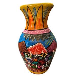 Vintage Hand Painted Mexican Folk Art Terracotta Colorful Jar/Vase